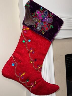 Pier 1 One Imports Christmas Stocking Multicolored Sequined Beaded